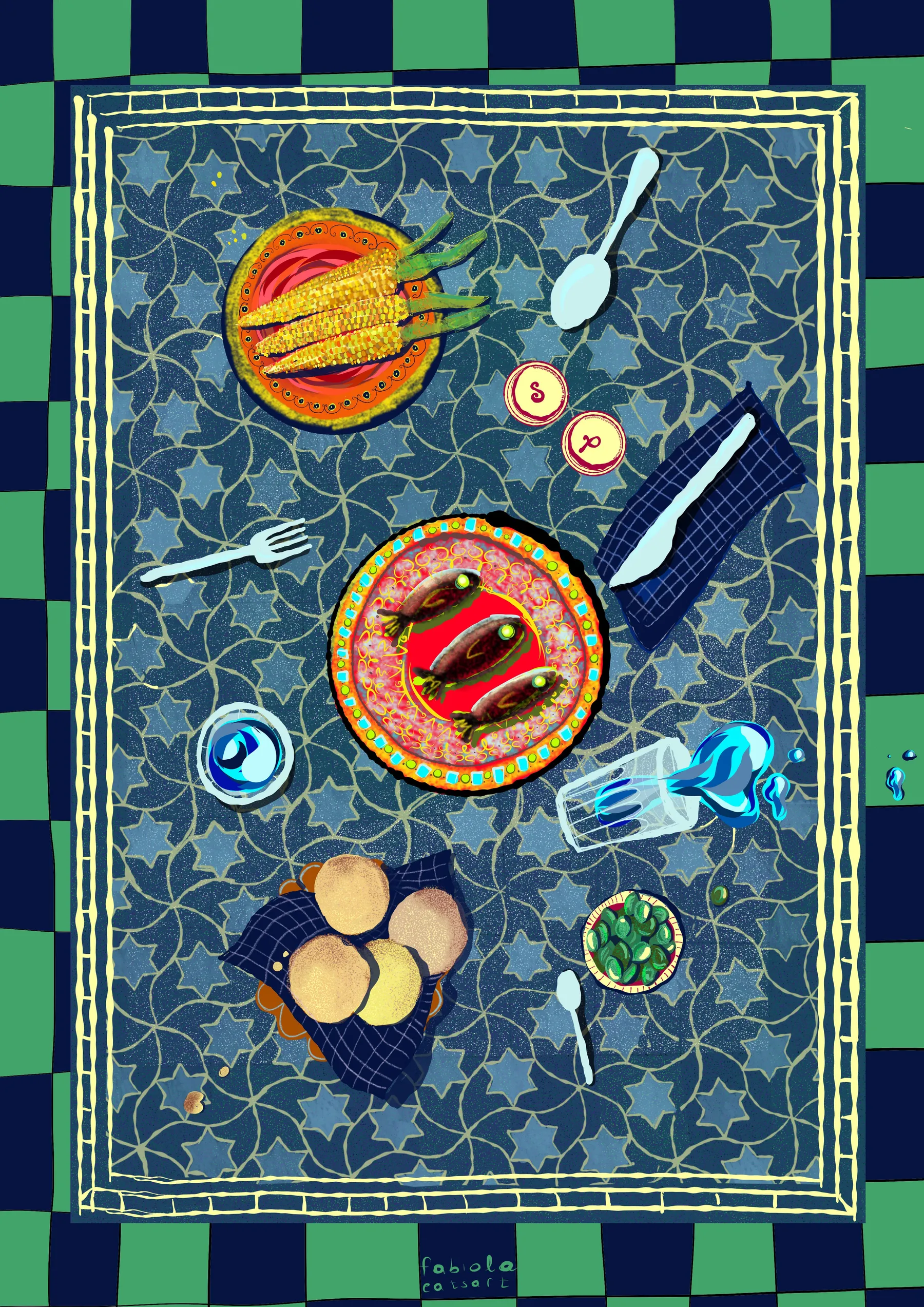 Digital painting of a lunch table from above: grilled sardines, bread and olives on a blue star-patterned Moroccan tablecloth