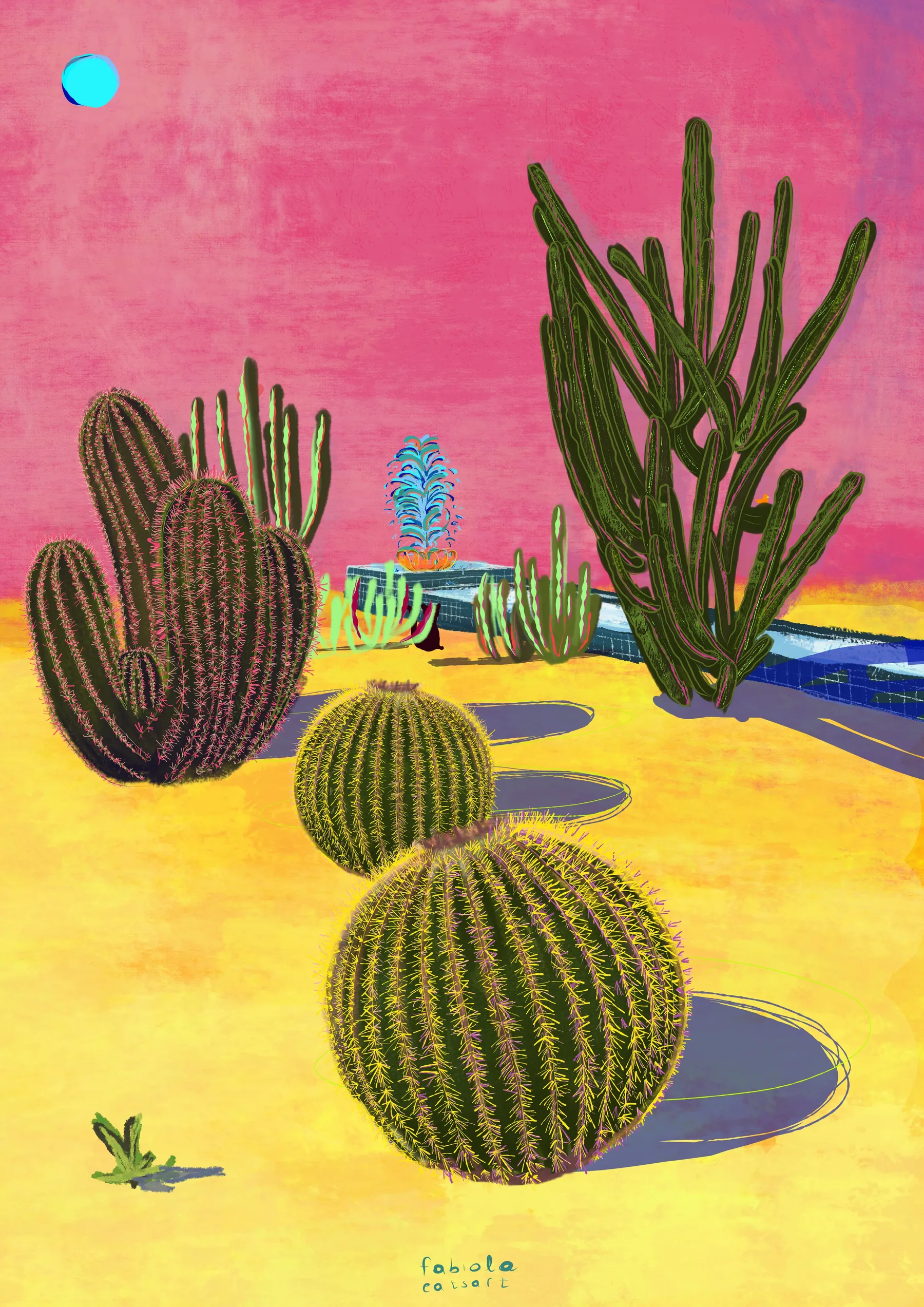 Digital painting of barrel cacti and tall cactus plants on yellow ground under a pink sky in the Jardin Majorelle, Marrakech