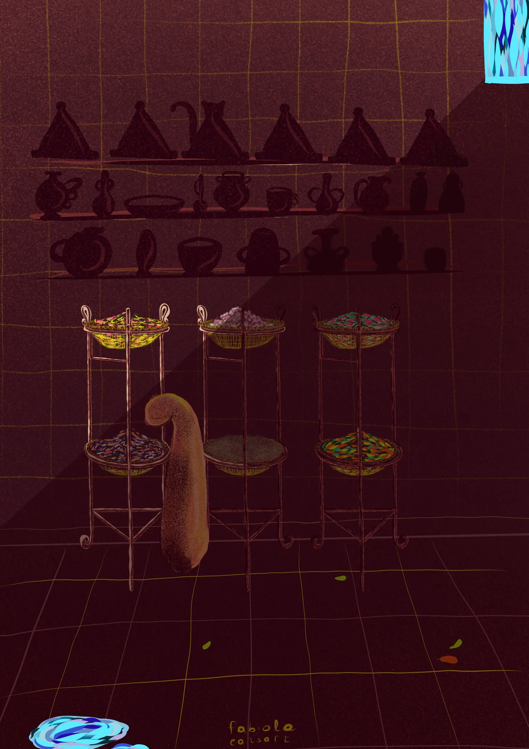 Digital painting of shelves of tagines and teapots above stands of tea and spice baskets in a dark red Marrakech medina shop