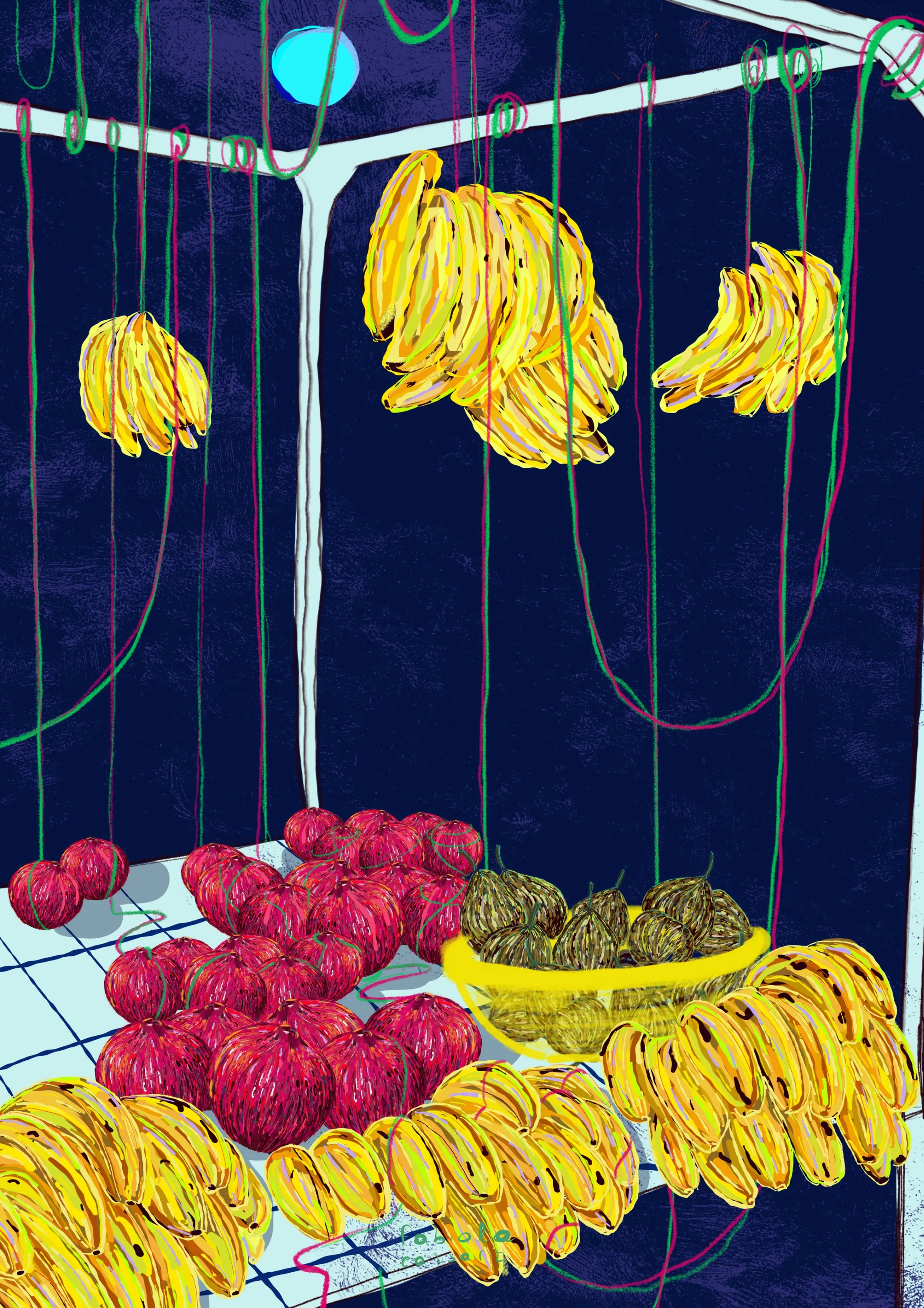 Digital painting of bunches of bananas hanging over piles of pomegranates in a Moroccan souk, against a deep blue background
